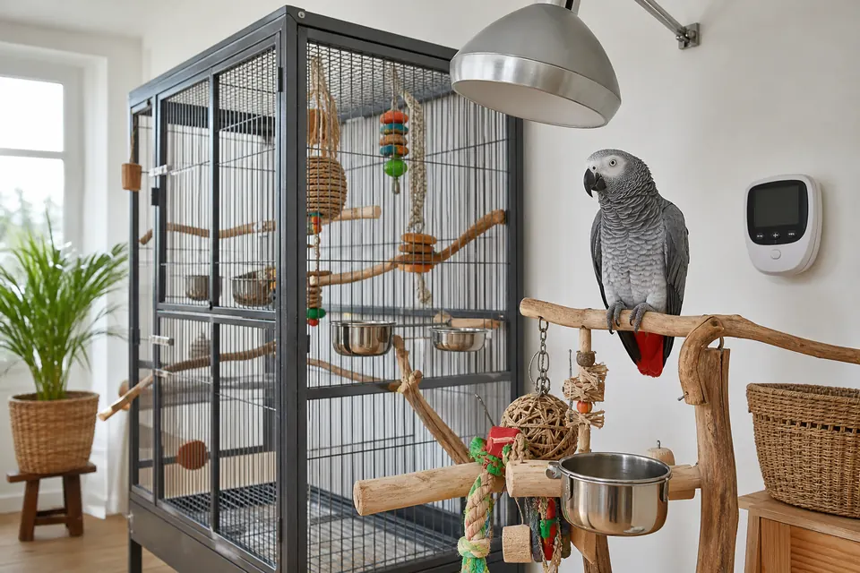 ヨウムの飼育に必要な大型ケージと止まり木や餌入れの準備