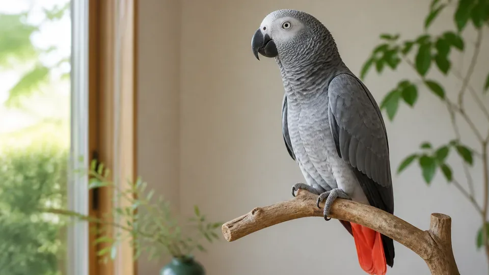 自然木の止まり木にとまるヨウムの全身