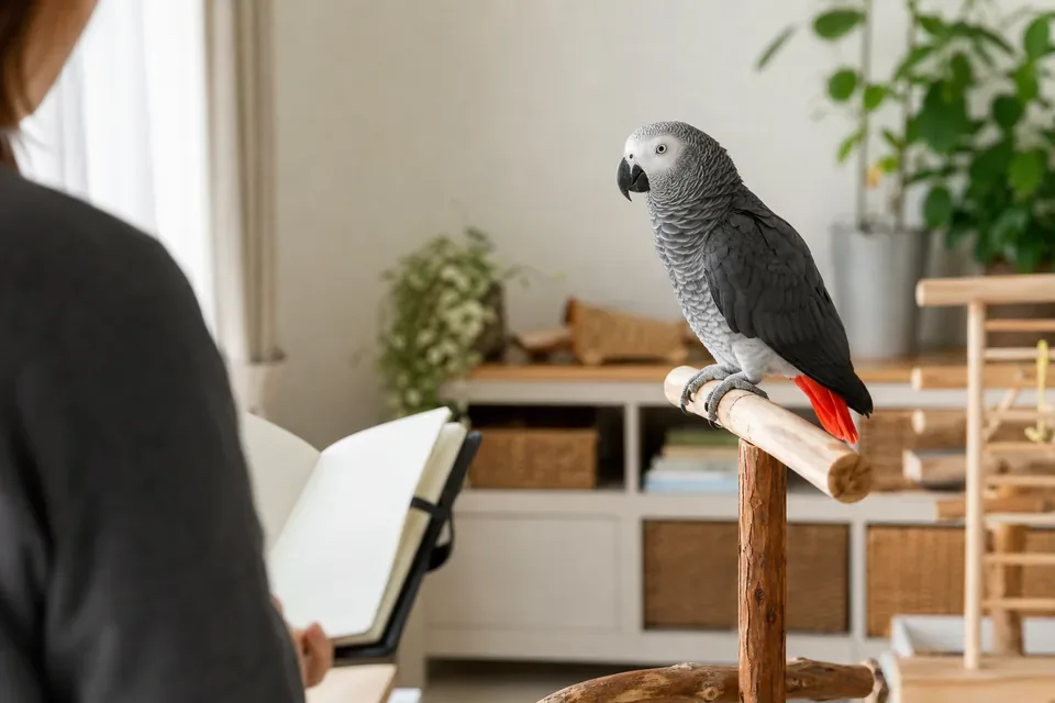 止まり木のヨウムを飼い主が距離を保って観察している様子