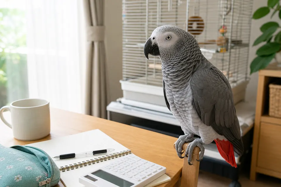 ヨウムを迎える前に費用と飼育環境を確認している様子